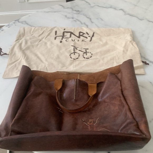 Henry Cuir Tote Embroidered Brown cow Hyde Leather Rustic Bohemian - Picture 10 of 14